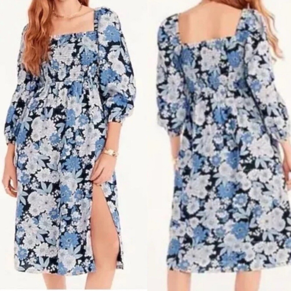 J Crew Daydream Midi Dress Smocked Puff Sleeve Front Slit Zinnia Floral Linen S